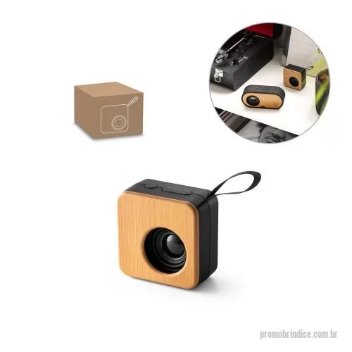 Minicaixa de som personalizada - Caixa de som portátil em ABS reciclado e bambu. Com potência de 3W e transmissão por bluetooth 5.0 e função de rádio. Tempo de reprodução até 4h com uma bateria de 500 mAh. Fornecido em caixa presente de papel craft.