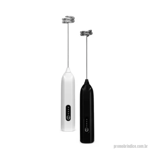 Misturador Mixer personalizado - Misturador recarregável multiuso. Possui corpo em plástico ABS, painel frontal com botão de acionamento e indicadores em LED, além de batedor removível em inox 304. Acompanha cabo USB-C para carregamento.