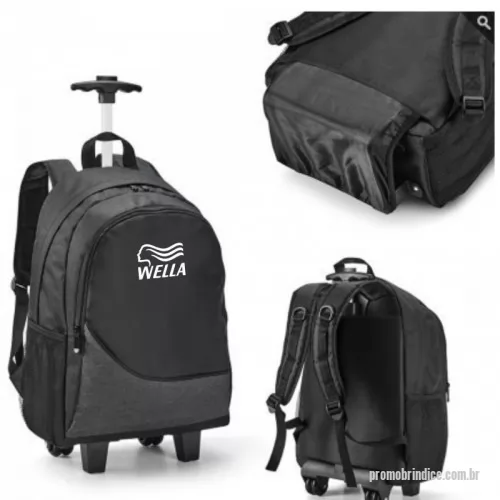 Mochila com carrinho personalizada - Mochila trolley para notebook. 300D. Com 2 rodas duplas. Compartimento principal forrado e almofadado, com divisória almofadada para notebook até 15.6''. Segundo compartimento forrado. 2 bolsos laterais com tela. Com protetor de rodas e alças almofadadas. Pega extensível em alumínio, com mola (altura da pega estendida: 550 mm). Capacidade até 17 L. Peso: 1,10 kg. 310 x 430 x 140 mm.     Pode ser personalizada das seguintes formas:     * Placa de Metal localizada;  * Bordado Patch;  * Bordado Tradicional   (Informar no ato do orçamento qual personalização deseja)      * Sujeito a disponibilidade em estoque * 