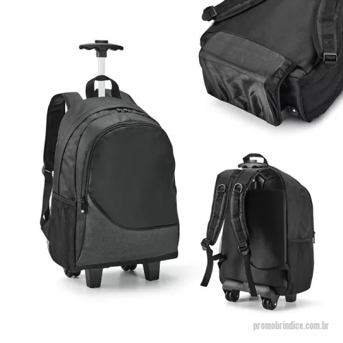 Mochila com carrinho personalizada - Mochila trolley para notebook. 300D. Com 2 rodas duplas. Compartimento principal forrado e almofadado, com divisória almofadada para notebook até 15.6''. Segundo compartimento forrado. 2 bolsos laterais com tela. Com protetor de rodas e alças almofadadas. Pega extensível em alumínio, com mola (altura da pega estendida: 550 mm). Capacidade até 17 L. Peso: 1,10 kg. 310 x 430 x 140 mm