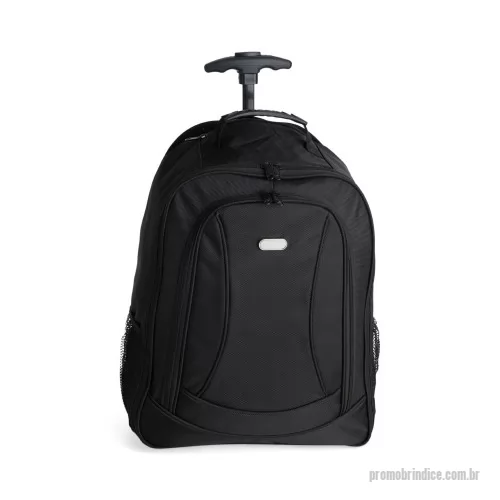 Mochila com carrinho personalizada - Mochila de nylon com rodinhas. Possui compartimento grande com bolso para notebook e “bolso” oposto interno de zíper; dentro deste compartimento fica guardado o pegador, basta segurar o botão PUSH para levantar ou abaixa-lo(neste compartimento ele fica totalmente escondido e ainda conta com um zíper superior para fechá-lo por completo), bolso frontal e dois bolsos laterais de rede. Zíperes preto, alça superior em nylon com pegador emborrachado e alças para costa ajustáveis. Possui uma aba de proteção inferior com velcro para prender na área superior(afim de esconder as alças para costa), também há opção de encaixar a aba de proteção com velcro na área inferior, impedindo que as rodinhas sujem a costa quando carregada deste modo. Rodinhas de borracha de alta densidade e dois suportes plásticos circulares utilizados como freio e apoio para a mochila ficar ereta. Com gravação laser na placa metálica frontal.   Disponível somente na cor: PRETA    Medidas aproximadas para gravação (CxD):  1