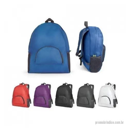 Mochila dobrável personalizada - Mochila dobrável em 210D ripstop com bolso frontal e dois bolsos laterais em tela mesh. Fornecida desdobrada.