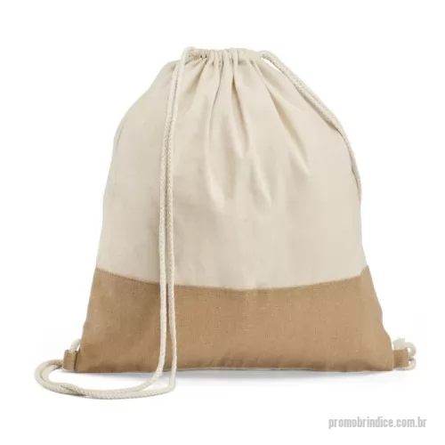 Mochila ecológica personalizada - Sacola tipo mochila 100% algodão (160 g/m²) com detalhe em imitação de juta e alça em algodão. 370 x 410 mm