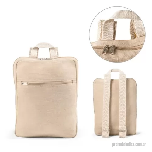 Mochila ecológica personalizada - Mochila em juco (mistura de algodão e juta, 275 g/m²), um compartimento principal e bolso frontal com zíper. Pega em webbing de algodão no topo e alças ajustáveis em algodão bicolor. Capacidade até 7 L. 270 x 350 x 70 mm