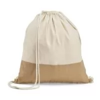 Sacola tipo mochila 100% algodão (160 g/m²) com detalhe em imitação de juta e alça em algodão. 370 x 410 mm
