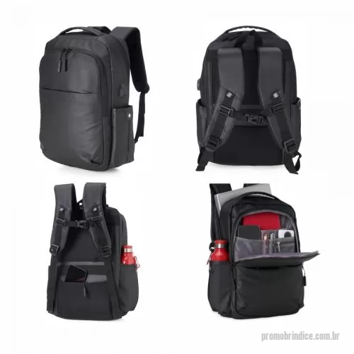 Mochila para notebook personalizada - Mochila em couro sintético 20 litros resistente à água com quatro compartimentos, sendo o principal com bolso para notebook até 14 e um exclusivo com proteção contra furto. Com divisórias internas para acessórios, a mochila possui bolsos laterais, su