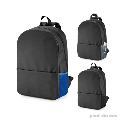 Mochila para notebook personalizada - Mochila para notebook em 600D. Compartimento com divisória almofadada para notebook até 15.6''. Bolso lateral em tela e bolso frontal. Parte posterior e alças almofadadas. Bateria e fone não inclusos. 310 x 450 x 120 mm