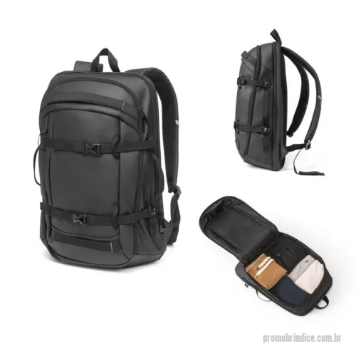 Mochila para notebook personalizada - Mochila para notebook em 900D, poliéster reciclado (100% rPET), de alta densidade, com revestimento resistente à água e forro em 210D poliéster reciclado (100% rPET). Possui 1 compartimento traseiro com divisória almofadada para notebook até 17.3