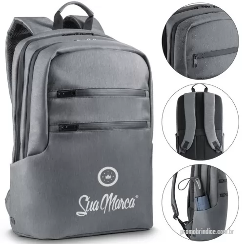 Mochila para notebook personalizada - A mochila para notebook personalizada em Nylon 2Tone é a escolha perfeita para quem busca praticidade e proteção! Com design impermeável, oferece dois compartimentos bem organizados: o posterior com divisórias almofadadas para seu notebook de até 15'' e tablet de até 10.5'', e o frontal com múltiplos bolsos internos para facilitar o armazenamento. Ela conta ainda com dois bolsos frontais, sendo um com bloqueio RFID para proteger suas informações. Nas laterais, há espaço para garrafas e guarda-chuva, com design inteligente para evitar acúmulo de água. O conforto fica por conta das alças almofadadas e da parte traseira que tem um bolso oculto e uma banda para transporte em trolley. Com capacidade para até 14L, é a mochila ideal para o seu dia a dia.