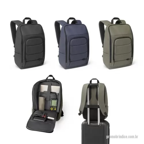 Mochila para notebook personalizada - Mochila para notebook em poliéster reciclado 600D (100% rPET) de alta densidade, com revestimento resistente à água e forro interno em 210D poliéster reciclado (100% rPET). Conta com compartimento principal espaçoso, diversos bolsos organizadores e duas divisórias almofadadas para notebook de até 16