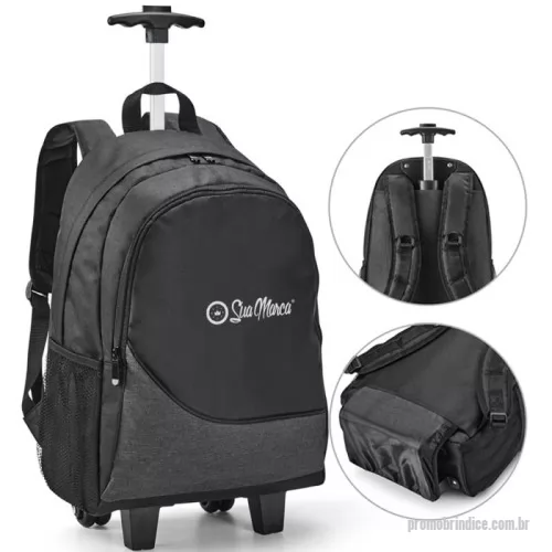 Mochila para notebook personalizada - Mochila trolley personalizada para notebook fabricada em tecido resistente. Conta com duas rodas duplas para facilitar o transporte. O compartimento principal é forrado e almofadado, incluindo uma divisória específica para notebooks de até quinze polegadas e seis décimos. Possui dois bolsos laterais em tela respirável, protetor para as rodas, alças acolchoadas para maior conforto e uma pega extensível em alumínio com mecanismo de mola. Capacidade total de dezessete litros.