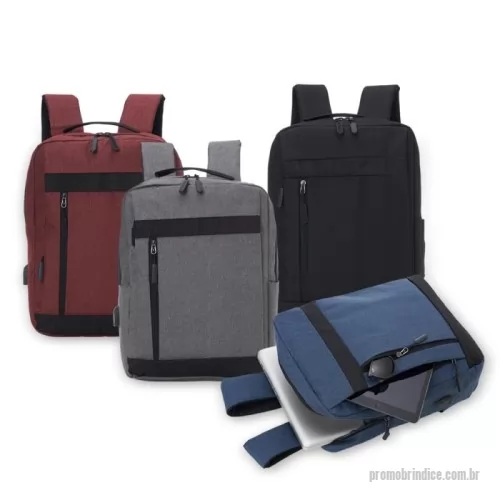 Mochila para notebook personalizada - Mochila de nylon 21 litros com três compartimentos, sendo o principal com bolso para notebook de até 15,6 polegadas. Com divisórias internas para acessórios, a mochila possui bolso lateral e suporte externo usb.