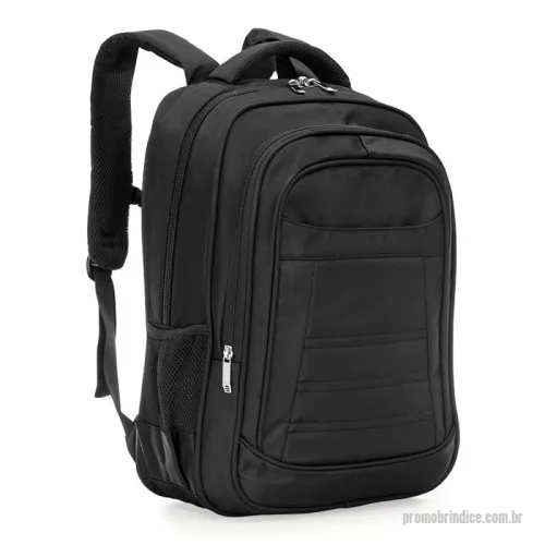 Mochila para notebook personalizada - Mochila de poliéster 41 litros com três compartimentos, sendo o principal com bolso para notebook 15,6. Com divisórias internas para acessórios, a mochila possui bolsos laterais em malha, alça de compensação, duas alças de mãos e área costada com revestimento espumado.
