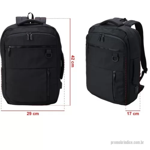 Mochila para notebook personalizada - Mochila confeccionada em Nylon 20 Litros com 4 compartimentos, sendo o principal com bolso para notebook 15,6. Possui um bolso externo, bolsos e divisórias internas para acessórios, a mochila possui suporte externo USB, alça com bolso integrado para cartões, alça para engate em malas de viagem e duas alças de mãos, sendo um delas para o transporte da mochila no formato pasta. Não acompanha carrinho de mão.