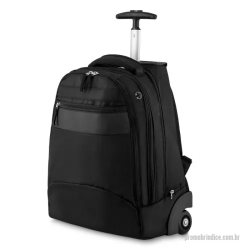 Mochila para notebook personalizada - Mochila executiva com rodinha, tecido poliéster 1680D e interior em 210D.  Parte externa: Detalhe em couro sintético, bolso frontal. Alça de mão, bolso traseiro para guardar as alças. Possui extensor de tamanho. Tecido protetor de sujeira das rodinhas. Haste em alumínio.  Parte interna: Bolso interno, porta notebook, porta cartão e canetas. Tamanho total do Notebook - 13¨  Obs.: Não acompanha placa metálica p/ gravação.