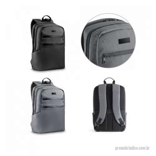 Mochila para notebook personalizada - Mochila para notebook em Nylon 2Tone impermeável com 2 compartimentos e alças almofadadas. O compartimento posterior tem 2 divisórias almofadadas com fecho em velcro para notebook até 17'' e tablet até 10.5''. Compartimento frontal com diversos bolsos interiores. Contém dois bolsos na parte frontal, tendo um deles bloqueio RFID. Nas laterais existe um bolso para garrafas em elastano e outro para o guarda-chuva, com ilhós perfurados para evitar acumulação de água. A parte de trás almofadada tem bolso oculto e banda para transporte em trolley.