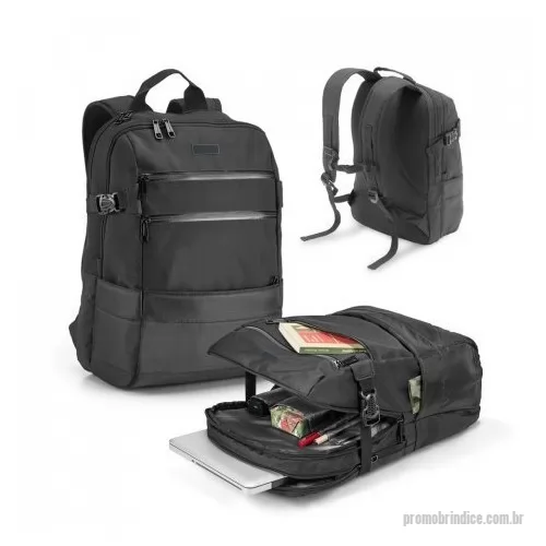 Mochila para notebook personalizada - Mochila para notebook em 840D jacquard com dois compartimentos forrados. O compartimento posterior tem duas divisórias almofadadas para notebook até 15.6'' e tablet 10.5''. O compartimento frontal tem diversos bolsos interiores. Mochila com 3 bolsos frontais e 2 bolsos laterais, parte posterior almofadada, com sistema de apoio acolchoado para as costas e alças almofadadas. Placa metálica removível com imã, para fácil gravação. 