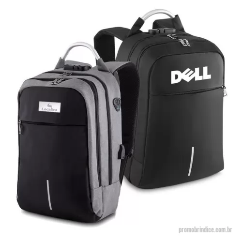 Mochila para notebook personalizada - Mochila para notebook, possui fechamento em cadeado com segredo, alça de mão em metal, fita reflexiva com um bolso frontal divisórias internas para canetas, documentos e telefone celular, alça almofadada, saída usb e fone de ouvido