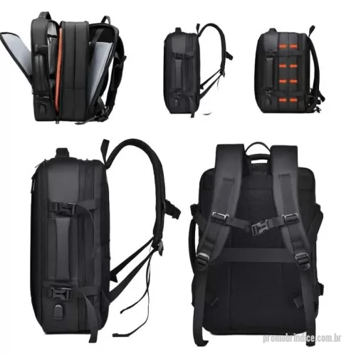 Mochila para notebook personalizada - A Mochila Viagem Premium Expansível combina design moderno com máxima funcionalidade, ideal para quem busca praticidade em viagens e no dia a dia. Com estrutura firme e estilo contemporâneo, possui compartimentos espaçosos e bem distribuídos, perfeitos para acomodar notebook, eletrônicos, roupas e acessórios com total organização.  Seu grande diferencial está na função expansível, que permite aumentar a capacidade interna com facilidade, adaptando-se a diferentes volumes e necessidades de uso. Conta ainda com entrada USB externa para carregamento de dispositivos, sistema antifurto com zíper oculto, além de acabamento resistente à água, garantindo proteção extra mesmo em deslocamentos sob chuva.  Desenvolvida com materiais duráveis e costura reforçada, oferece conforto por meio de alças acolchoadas e base estruturada. Possui também alça para acoplar em malas de rodinha, ideal para viagens longas e conexões em aeroportos.  Com visual clean e acabamento premium, é perfeita para profission