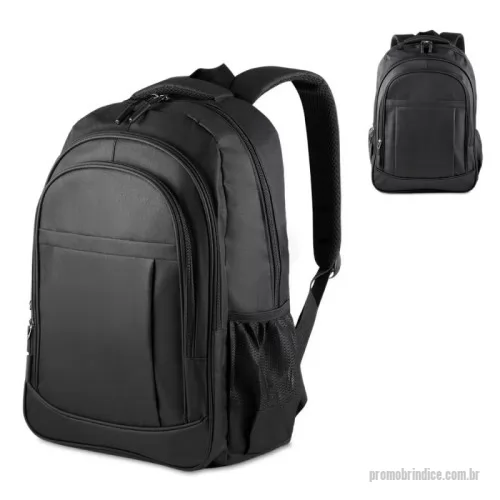 Mochila para notebook personalizada - Mochila confeccionada em tecido externo de poliéster 300D e tecido interno de poliéster 190D, com capacidade total de 23 litros. Possui três bolsos frontais com zíper, compartimento principal com fechamento em zíper, dois bolsos laterais e engate para mala de viagem. Conta ainda com compartimento interno próprio para notebooks de até 15,6 polegadas.