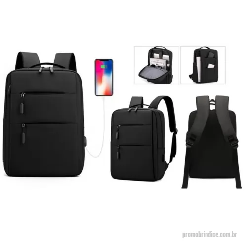 Mochila para notebook personalizada - Mochila p/ Notebook em tecido poliéster. Parte externa: 2 Bolsos frontais com ziper; 1 Bolso lateral; Alça de mão e ombro acolchoadas, engate para mala de viagem Conector USB externo na lateral. Parte interna: Compartimento acolchoado p/ notebook de 39x27cm; Tamanho total do Notebook - 15,6¨ 2 Porta Objetos; 2 Porta Canetas.