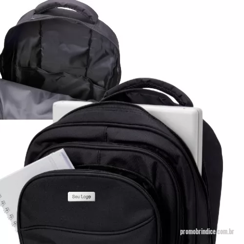Mochila para notebook personalizada - Mochila de nylon 30 litros com três compartimentos, sendo o principal com bolso para notebook 15,6.Com bolsos laterais telados, a mochila possui alça para encaixe em malas de viagem, duas alças de mãos e alças para as costas com revestimento espumado. Acompanha plaquinha metálica.