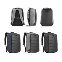 Mochila para notebook em 300D de alta densidade com 2 compartimentos principais. O compartimento posterior tem 2 divisórias almofadadas para notebook até 17