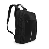 Mochila anti-furto com cadeado de segredo. Produzido em poliéster, tem a parte frontal à prova d’água (respingos). Compartimento principal com bolso para notebook 15,6 e divisórias, bolso de tela, parte externa com cadeado de segredo para trava dos zíperes; e bolso frontal. Possui entrada para fone de ouvido, suporte com entrada USB na parte externa e cabo USB acoplado internamente; permitindo a conexão de um carregador portátil na área interna e a conexão de um eletrônico na área externa, viabilizando a carga e utilização do eletrônico enquanto caminha. Alças para as costas ajustáveis revestidas com espuma, alça para mãos em alumínio e alça para encaixe em malas de viagem. Utilização do cadeado: para criar um segredo, pressione e segure o botão, crie a numeração desejada e em seguida solte o botão para assumir a codificação criada. Repita o mesmo processo sempre que necessitar fazer alguma alteração.