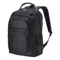 Mochila de nylon 30 litros com quatro compartimentos, sendo o principal com bolso para notebook 15,6. A mochila possui bolsos laterais em malha, duas alças de mãos e área costada com revestimento espumado.