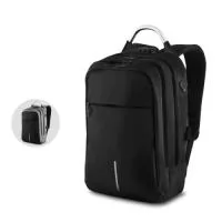 Mochila para notebook em tecido poliéster 50% Oxford e 50% PU e interior em poliéster 210D.  Parte externa: Possui fechamento em cadeado com segredo; Alça de mão em metal; Alça de ombro acolchoada; Mini bolso na alça de ombro; Fita refletiva noturna. Engate para mala da viagem; Bolso frontal grande.Saída USB e fone de ouvido.  Parte interna: Divisórias internas para canetas, documentos e telefone celular.  Compartimento acolchoado para notebook, 43x27cm.  Tamanho total do Notebook - 15.6"