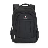 Mochila de poliéster 25 litros com três compartimentos, sendo o principal com bolso para notebook 15,6. A mochila possui bolsos laterais em malha, duas alças de mãos e área costada com revestimento espumado. 