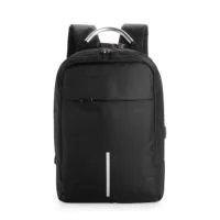 Mochila antifurto em poliéster impermeável, com capacidade de 16 litros e fechamento em zíper. Possui cadeado de segredo, entrada externa para cabo USB, passagem para fones de ouvido, três compartimentos de diferentes tamanhos, incluindo bolso frontal com divisória para notebook de até 15,6 polegadas e alça superior reforçada. Conta ainda com engate para malas, alças de costas e painel traseiro acolchoados.