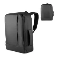 	Mochila/pasta em poliéster 300D com detalhe em PU e interior em poliéster 210D. Possui alças lateral e de ombro acolchoadas, alça de mão, engate para mala de viagem, bolso frontal com zíper, compartimento interno para notebook até 15,6” e bolso traseiro para ocultar as alças.