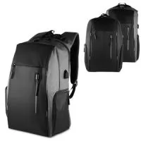 Mochila em poliéster 300D com forro em poliéster 190D, capacidade de 24 litros. Conta com faixa reflexiva nas alças de ombro e na parte da frente, engate para mala de viagem, conector USB lateral, dois bolsos laterais com zíper, dois bolsos frontais com zíper, duas alças de mão e compartimentos internos para notebook de até 15,6” e pequenos objetos.