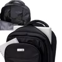 Mochila de nylon 30 litros com três compartimentos, sendo o principal com bolso para notebook 15,6.Com bolsos laterais telados, a mochila possui alça para encaixe em malas de viagem, duas alças de mãos e alças para as costas com revestimento espumado. Acompanha plaquinha metálica.