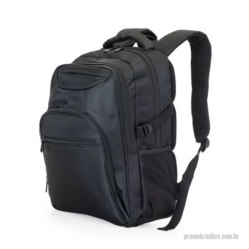 Mochila personalizada - Mochila poliester para notebook com detalhes em nylon e neoprene. Possui compartimento grande com bolso interno, compartimento médio com bolso/suporte para documentos e divisórias para 3 canetas, mini bolso com frontal superior, compartimento pequeno com bolso frontal e dois bolsos laterais de tela(nylon). Zíperes preto, duas fivelas laterais que podem ser encaixadas nas alças laterais para fechar com mais segurança a mochila, alça superior acolchoada e alça de nylon, alças para costa ajustáveis revestidas com espuma, parte traseira também revestida de espuma para um maior conforto.