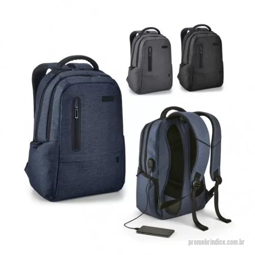 Mochila personalizada - Mochila para notebook em Nylon 2Tone impermeável com dois compartimentos forrados. O compartimento posterior tem bolso interior com zíper e divisória almofadada para notebook até 17''. O compartimento frontal tem diversos bolsos interiores. Mochila com 2 bolsos frontais e 2 bolsos laterais com porta USB e cabo USB/micro USB para ligar a dispositivos móveis (bateria portátil não inclusa). Parte posterior almofadada, com sistema de apoio acolchoado para as costas e alças almofadadas. Placa metálica removível com imã, para fácil gravação. 310 x 470 x 200 mm | Placa: 50 x 20 mm