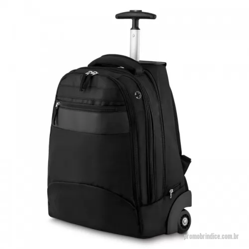 Mochila personalizada - Mochila executiva com rodinha, tecido poliéster.  Parte externa: Detalhe em couro sintético, bolso frontal. Alça de mão, bolso traseiro p/ guardar as alças. Tecido protetor de sujeira das rodinhas. Haste em alumínio.  Parte interna: Bolso interno, porta notebook, porta cartão e canetas. Tamanho total do Notebook - 13¨  Obs.: Não acompanha placa metálica p/ gravação.