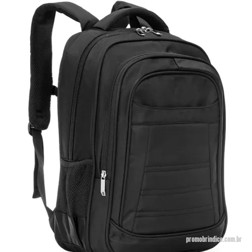 Mochila personalizada - Mochila de poliéster 41 litros com três compartimentos, sendo o principal com bolso para notebook 15,6. Com divisórias internas para acessórios, a mochila possui bolsos laterais em malha, alça de compensação, duas alças de mãos e área costada com revestimento espumado.  Altura: 50 cm  Largura: 36 cm  Profundidade: 23 cm  Medidas aproximadas para gravação (CxL):  8 cm x 15 cm  Peso aproximado (g): 985