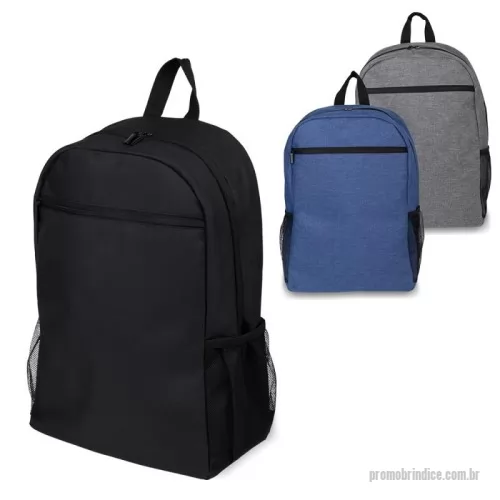 Mochila personalizada - Mochila confeccionada em tecido externo de poliéster 300D e interno em poliéster 190D. Com bolso frontal com zíper, dois bolsos laterais e compartimento interno para notebook de até 15,6”.