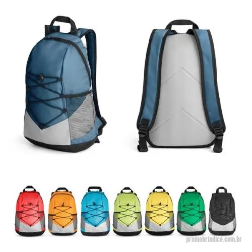 Mochila personalizada - Mochila em 600D, parte externa com elásticos, bolsos laterais em tela e bolso interno, posterior e alças almofadadas, tamanho aproximado 25x42x18 cm.