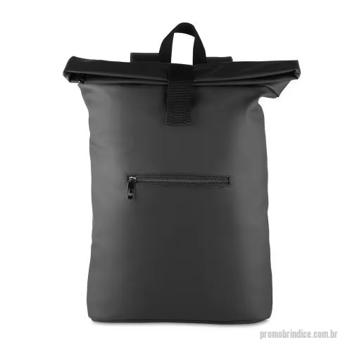 Mochila personalizada - Mochila confeccionada em PU impermeável com capacidade máxima de 15 litros, fechamento em zíper e alça de fechamento em velcro. Possui compartimento interno revestido em poliéster com divisória para notebooks de até 15,6 polegadas, além de pequeno bo
