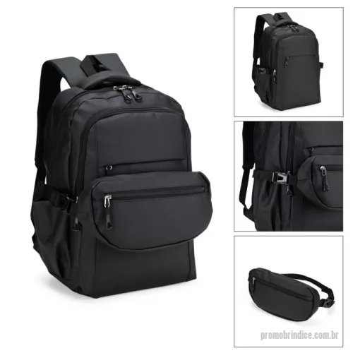 Mochila personalizada - Conjunto formado por mochila e pochete confeccionadas em tecido sintético impermeável. A mochila possui capacidade máxima de 25 litros e estrutura interna em espuma acolchoada, três compartimentos em tamanhos diferentes e fechamento em zíper com puxadores em plástico; um deles com divisória para notebooks de até 15,6 polegadas. Apresenta ainda engates laterais de compressão com fivelas plásticas, dois bolsos laterais abertos, uma alça de mão, duas alças de ombros e área posterior com revestimento em tecido acolchoado respirável. A pochete apresenta compartimento único com fechamento em zíper e cinto ajustável com fivela plástica de encaixe.