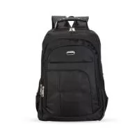 Mochila nylon poliester para notebook. Possui compartimento grande com bolso interno para notebook, dois compartimentos médios, bolso pequeno frontal e bolsos laterais de rede. Zíperes prata, alça superior com pegador emborrachado e tira de silicone com cabo de aço interno para garantir maior resistência, alça superior de nylon, alças para costa ajustáveis revestidas com espuma, parte traseira também revestida de espuma para maior conforto. Possui placa metálica espelhada na parte frontal.