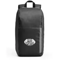 Mochila pequena personalizada, confeccionada em poliéster ela possui bolso frontal com zíper, alça de mão e alça de ombro. A área de impressão é feita em espaço nobre aplicando a logomarca em Silkscreen
