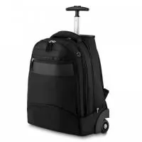Mochila executiva com rodinha, tecido poliéster.  Parte externa: Detalhe em couro sintético, bolso frontal. Alça de mão, bolso traseiro p/ guardar as alças. Tecido protetor de sujeira das rodinhas. Haste em alumínio.  Parte interna: Bolso interno, porta notebook, porta cartão e canetas. Tamanho total do Notebook - 13¨  Obs.: Não acompanha placa metálica p/ gravação.