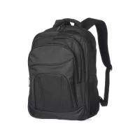 Mochila de nylon 30 litros com três compartimentos, sendo o principal com bolso para notebook 15,6.Com bolsos laterais telados, a mochila possui alça para encaixe em malas de viagem, duas alças de mãos e alças para as costas com revestimento espumado. Acompanha plaquinha metálica.