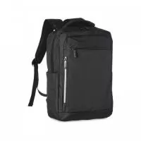 Mochila de nylon 20 litros com três compartimentos, sendo o principal com bolso para notebook 15,6. Com bolsos laterais e faixa frontal refletiva, a mochila possui adaptador USB externo, alça para encaixe em malas de viagem, duas alças de mãos e alças para as costas com revestimento espumado. Acompanha plaquinha metálica.