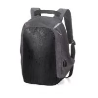 Mochila anatômica antifurto de 29 litros em poliéster resistente à água com dois compartimentos, sendo um deles exclusivo para cartões. Compartimento principal com amplo espaço e bolso para notebook 14, bolsos internos, suporte externo usb, alça para encaixe em malas de viagem e revestimento costado
