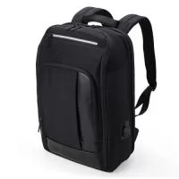 Mochila confeccionada em Nylon 22 litros com detalhes em couro sintético. Contém 5 compartimentos, sendo um bolso com faixa refletiva, divisórias internas para acessórios, bolso para tablet e notebook 15.6, bolso antifurto nas costas, bolso externo na lateral com elástico, suporte externo USB, alça para encaixe em malas de viagem, alças da mochila possuem bolsos integrados para suporte de óculos e cartões.  Altura: 42 cm Largura: 23,5 cm Medidas aproximadas para gravação: (CxL): 5 cm x 18 cm